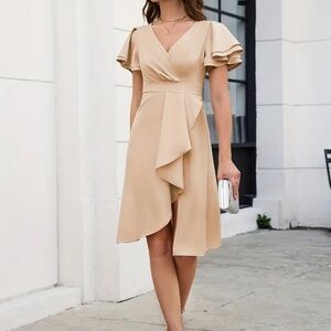 NWOT Elegant Asymmetrical Beige Party Dress with Ruffle Sleeves Size XL